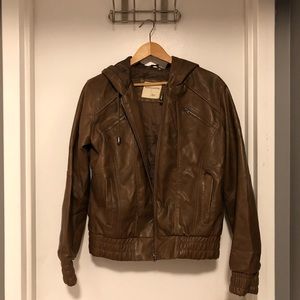Brown vegan leather hooded biker jacket - PacSun